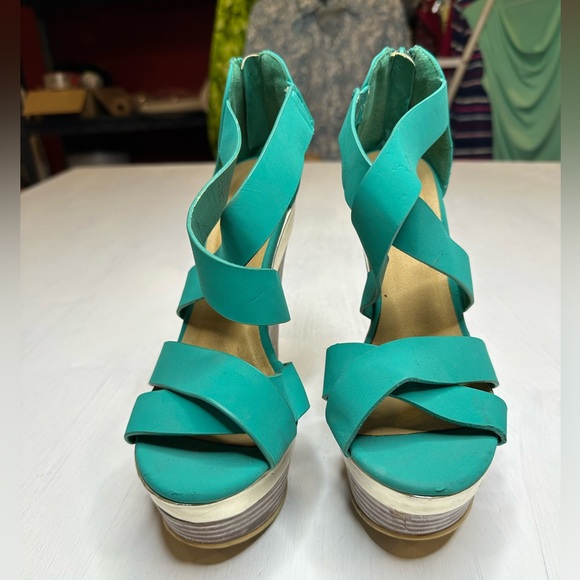 JustFab HollyN Turquoise Wedge Heels Women’s 6.5 Platform Sandals Zip Back - Picture 2 of 12
